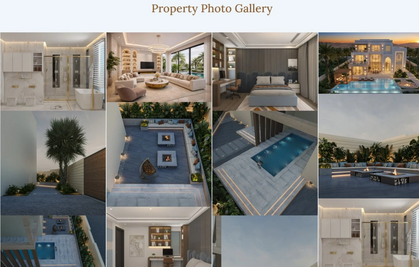 Property Photo Gallery: a dense four-column masonry grid of real architectural render photographs spanning bathrooms, living rooms, bedrooms, pools, and villa exteriors