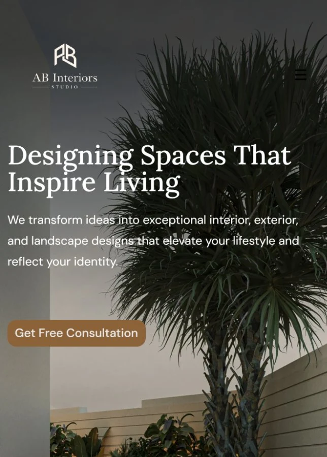 Mobile hero screen using a different photo from desktop: an outdoor patio with a palm tree, behind the same headline, subhead, and Get Free Consultation button