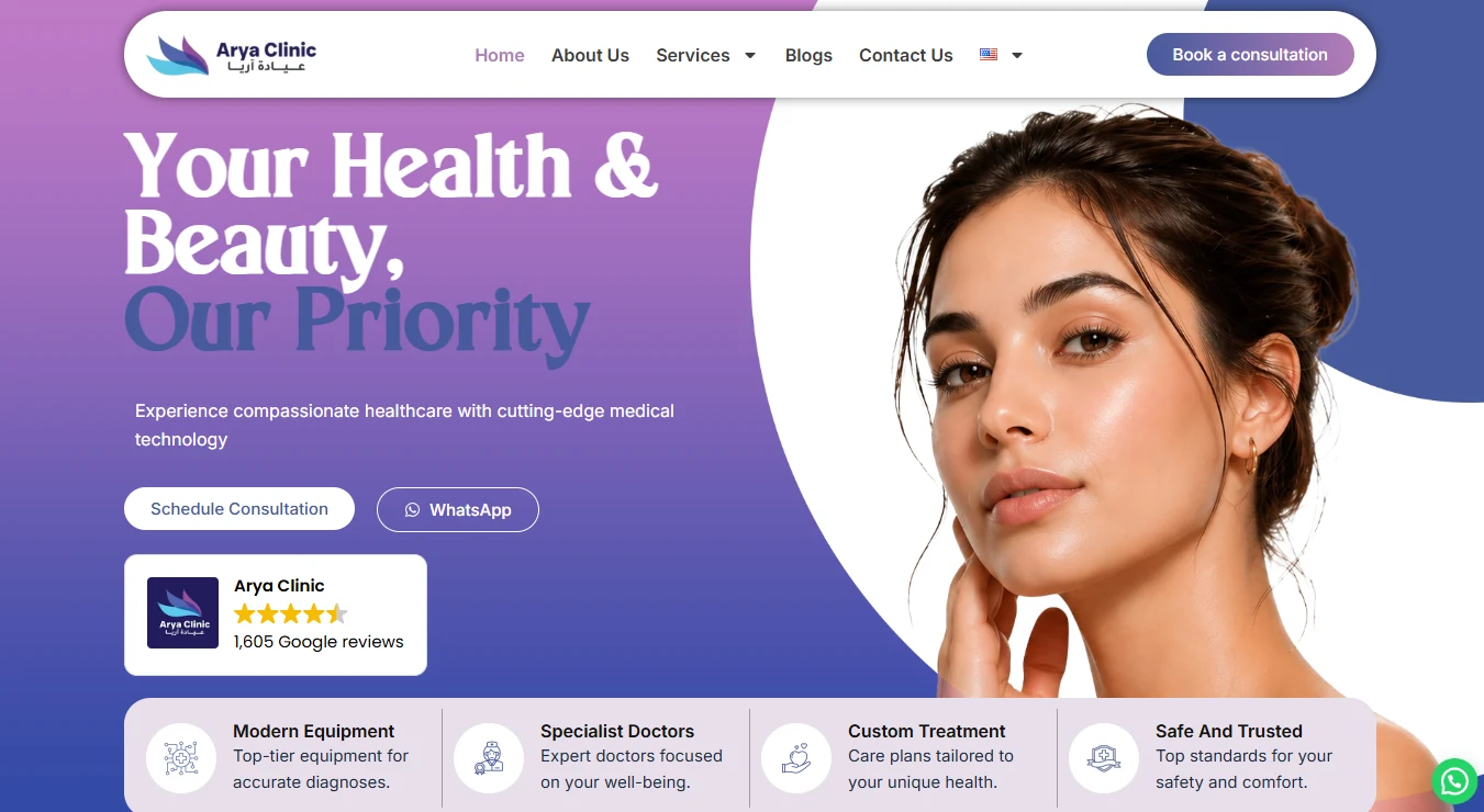 Arya Medical Center homepage hero on desktop: Your Health & Beauty, Our Priority, with a Schedule Consultation button, Google rating badge, and trust-feature strip