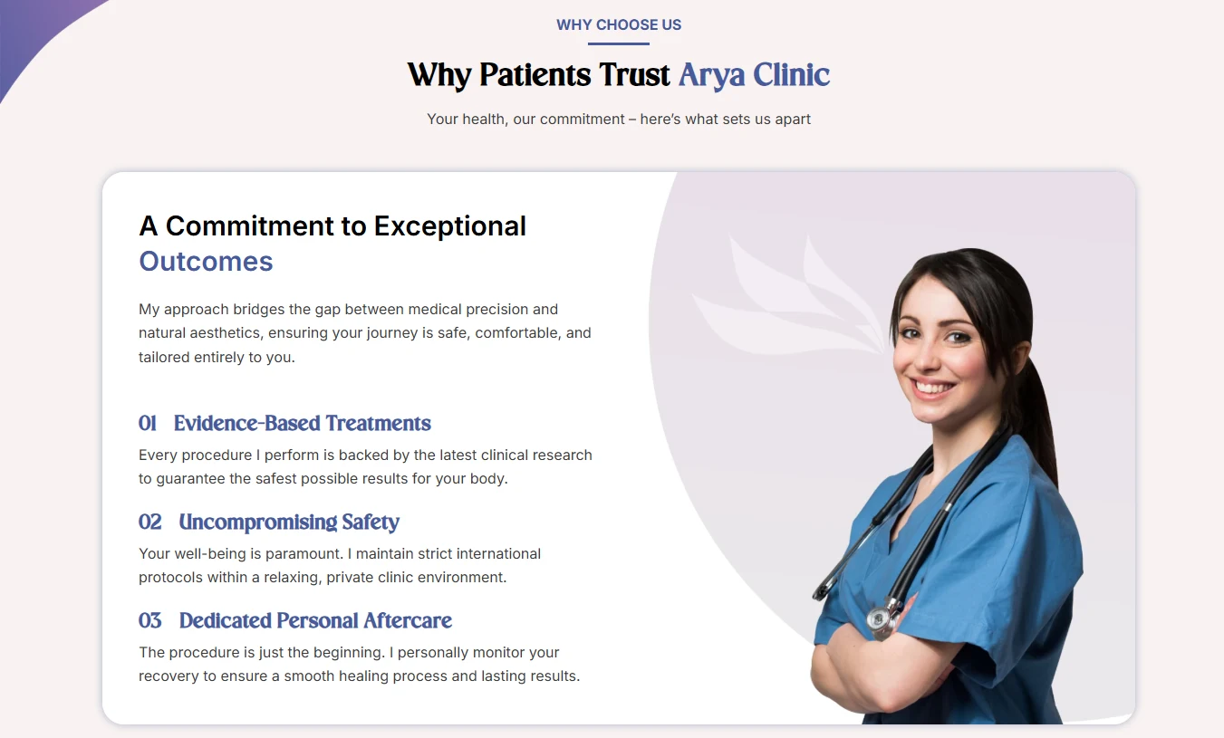 Desktop view of the Why Patients Trust Arya Clinic section, with a numbered list beside a doctor portrait
