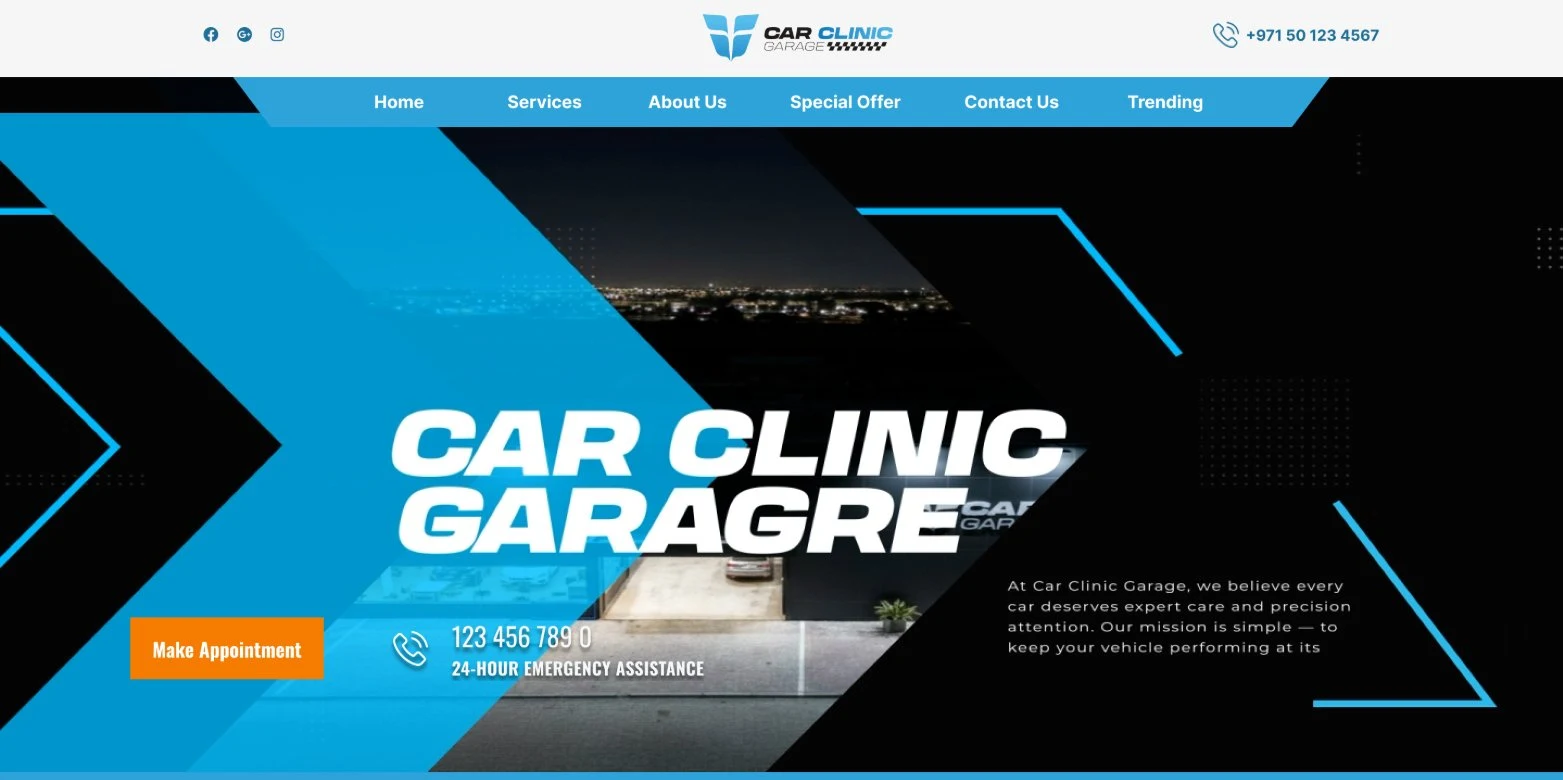 Car Clinic Garage homepage hero: bold condensed CAR CLINIC GARAGE headline over a night photo of the garage, with cyan diagonal accent shapes, a Make Appointment button, and full navigation