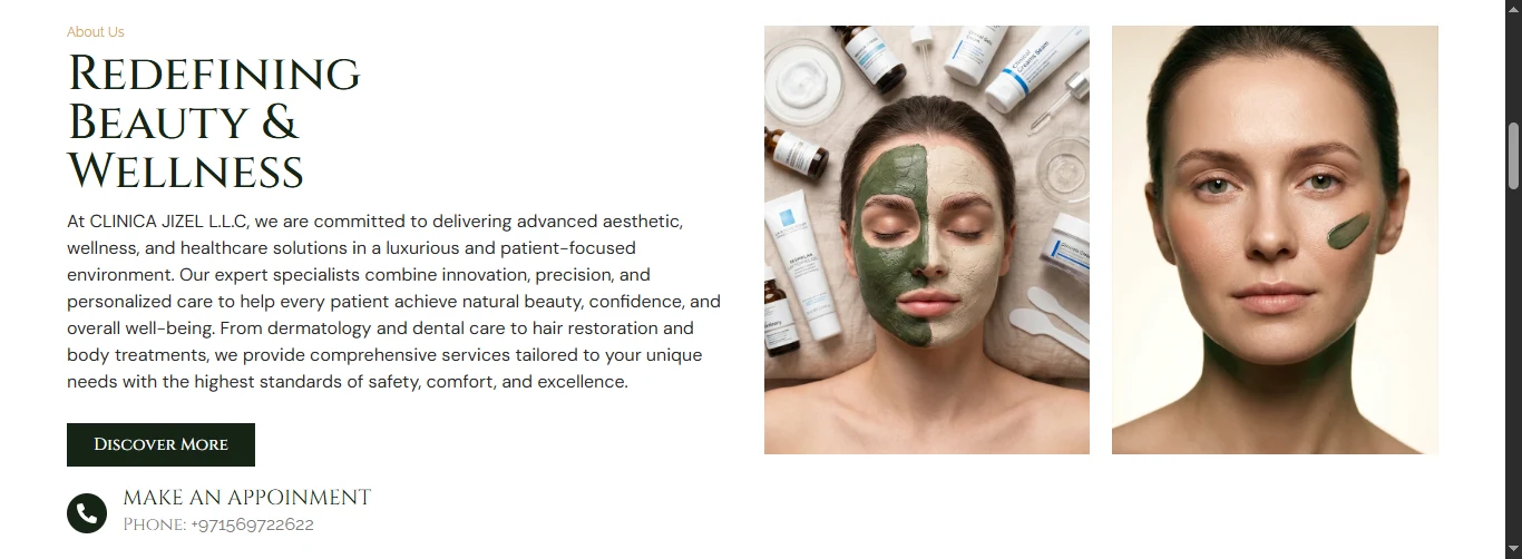About section: a skincare flat-lay next to a close-up portrait with a clay mask, framing the clinic's real product and treatment photography