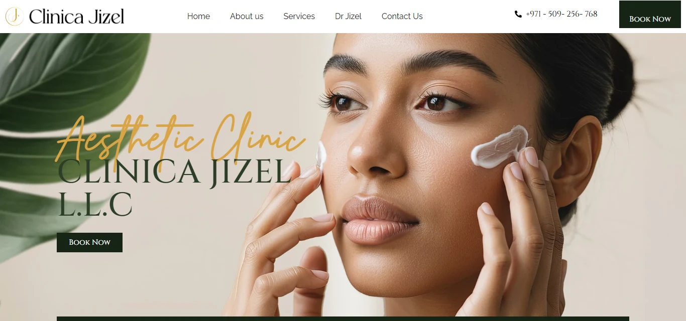 Clinica Jizel homepage hero: Aesthetic Clinic, Clinica Jizel L.L.C, with a Book Now button over a full-bleed treatment photo, and a contact/location/hours bar beneath it