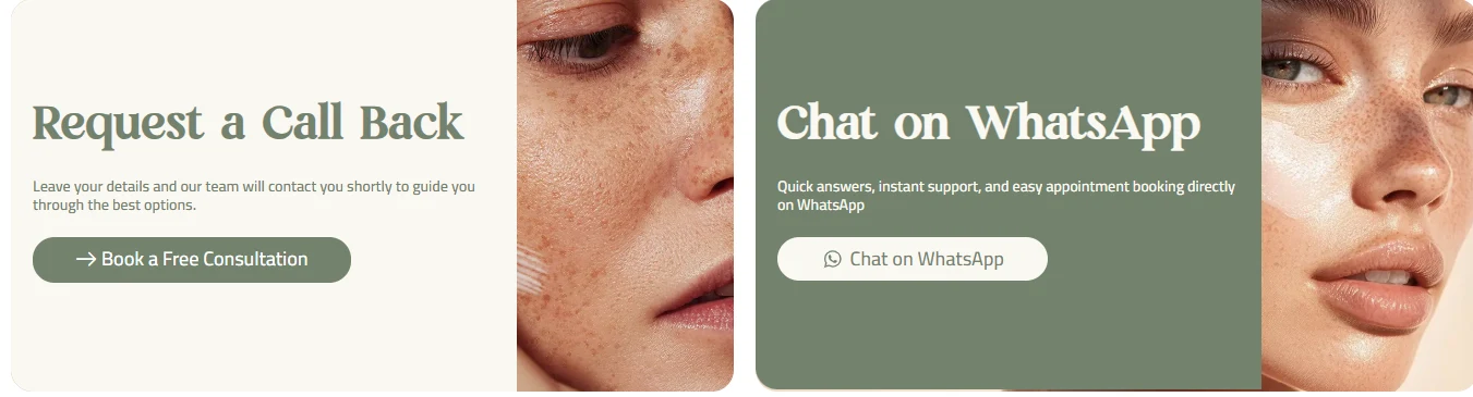 Desktop Request a Call Back and Chat on WhatsApp cards side by side, sharing one continuous background photograph that runs behind both