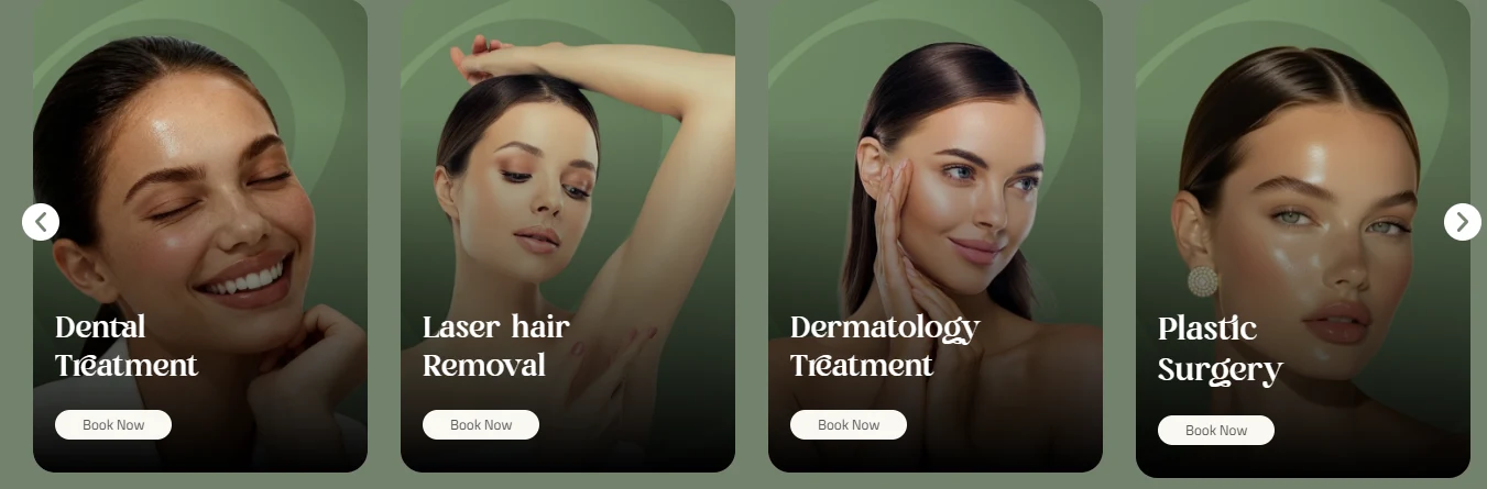 Comprehensive Health and Beauty Services carousel on a sage background, showing a Dental Treatment card with a cream Book Now button and carousel navigation arrows