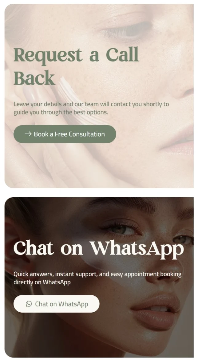 Mobile Request a Call Back card over a light warm-toned portrait crop, stacked above a separate Chat on WhatsApp card over a darker portrait crop