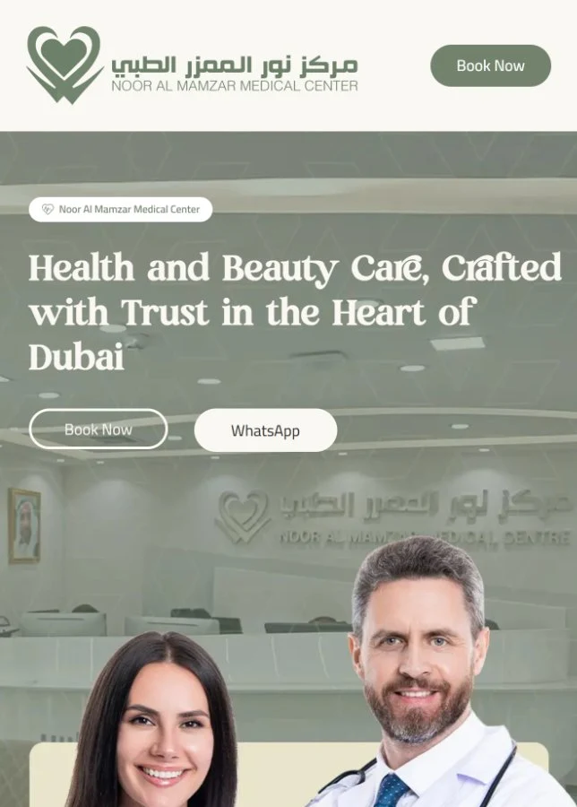 Mobile hero screen with the same eyebrow, headline, and Book Now / WhatsApp button pair as desktop, stacked over the reception photo